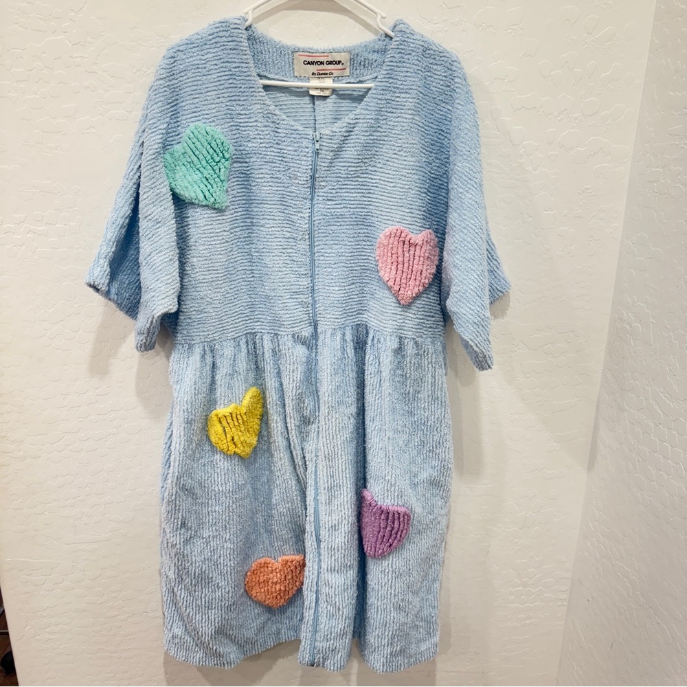Vintage 90s Canyon Group Chenille Heart Robe Blue Pink 1X Original Thick Rare